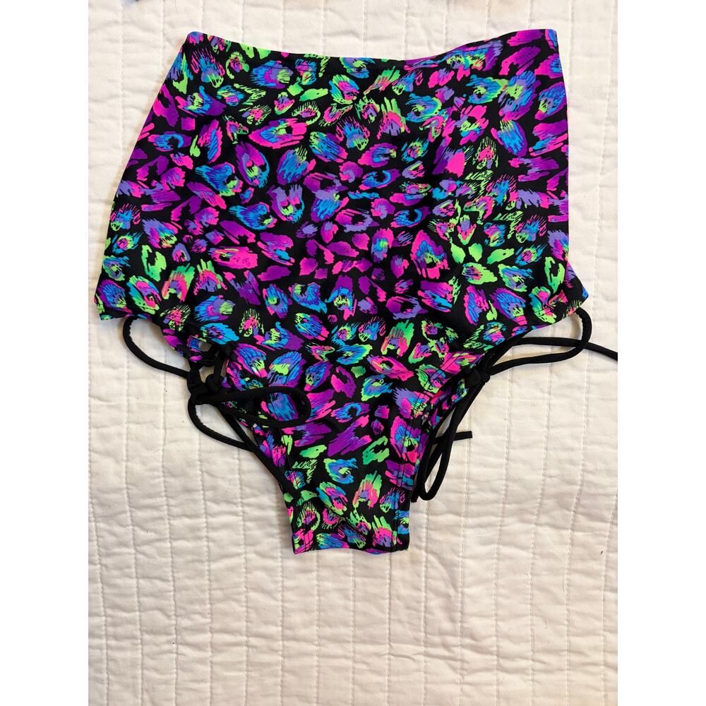 Rave Wonderland Neon Cheetah Wrap Bikini Set High Waisted Lace Up Rave Festival - Picture 2 of 7